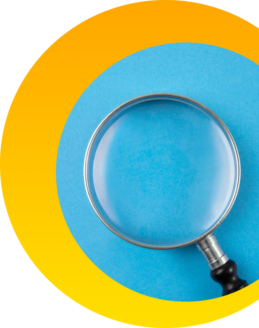 ww_25 A magnifying glass is shown on top of a yellow and blue background.